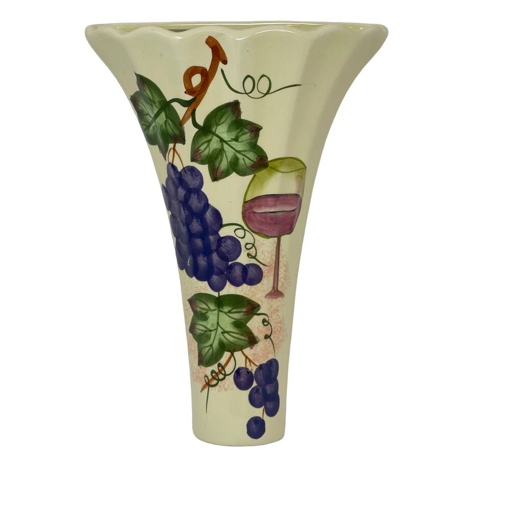 Vintage Ceramic Porcelain Wine, Leaves & Grapes Wall Pocket Vase